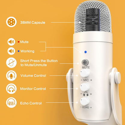 ZealSound Podcast Microphone, Noise Cancellation Mic with Gain, Volume Adjustment & Mute Button, Monitor & Echo, for ASMR, Vocal Recording, YouTube, TikTok, PC, iPhone, iPad, Android, Mac, K66, White