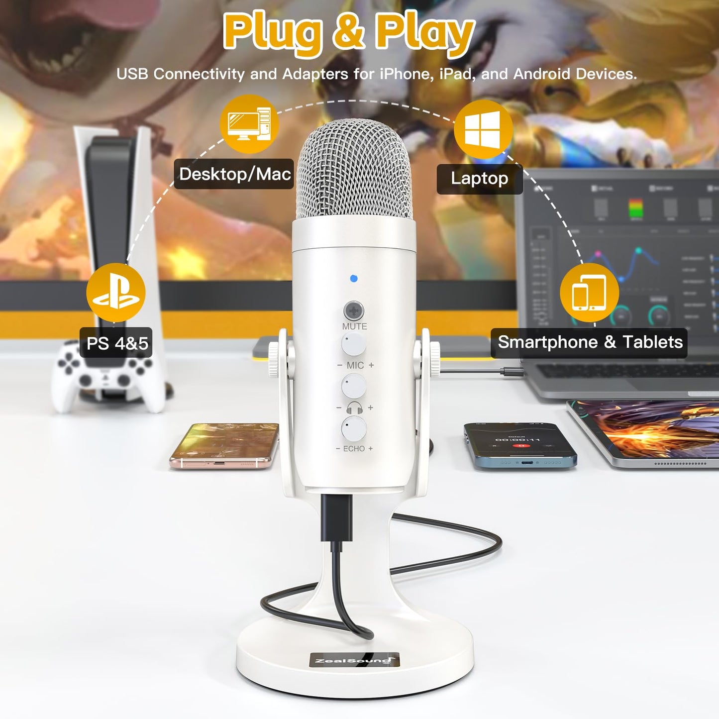 ZealSound Podcast Microphone, Noise Cancellation Mic with Gain, Volume Adjustment & Mute Button, Monitor & Echo, for ASMR, Vocal Recording, YouTube, TikTok, PC, iPhone, iPad, Android, Mac, K66, White