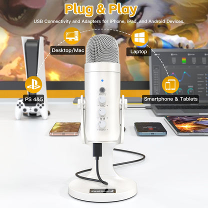 ZealSound Podcast Microphone, Noise Cancellation Mic with Gain, Volume Adjustment & Mute Button, Monitor & Echo, for ASMR, Vocal Recording, YouTube, TikTok, PC, iPhone, iPad, Android, Mac, K66, White