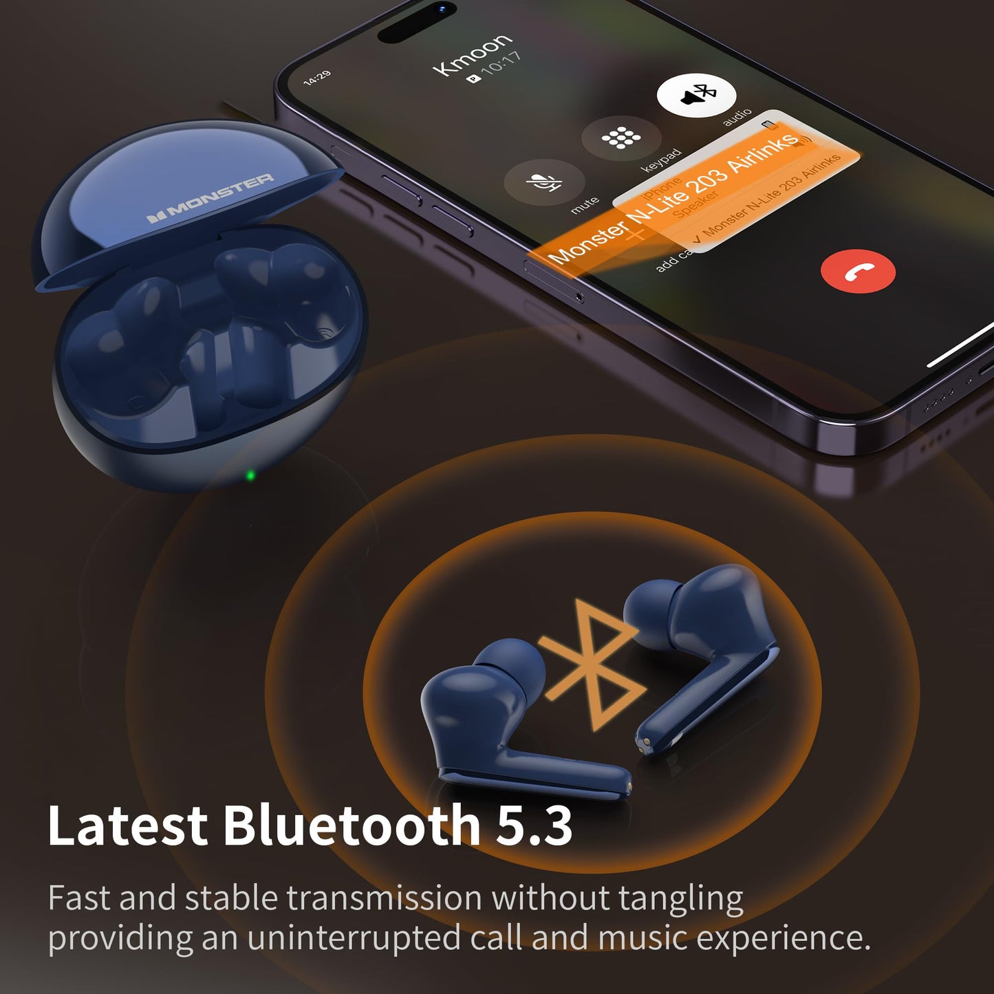 Monster N-Lite 203 AirLinks Wireless Earbuds, Bluetooth 5.3 Headphones HiFi Stereo, Crystal Clear Call, 30H Playback, Type-C Charging, IPX6 Waterproof Wireless in-Ear Earbuds, Blue