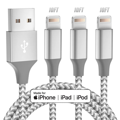 Bkayp Apple MFi Certified iPhone Charger 3pack 10FT Long Lightning Cable Fast Charging High Speed Data Sync USB Cable Compatible iPhone 14/13/12/11 Pro Max/XS MAX/XR/XS/X/8/7/Plus/6S (Grey White)