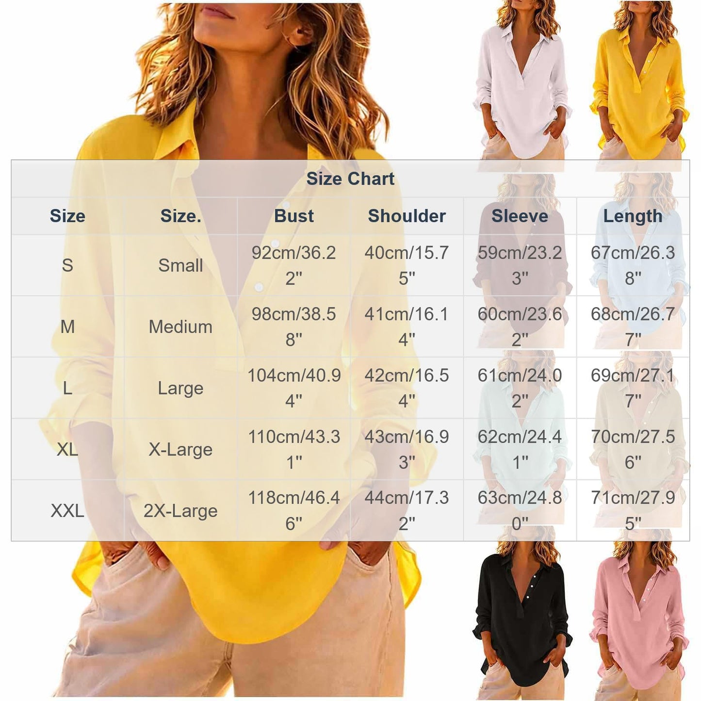 Cotton Tshirt Women Women's Cotton V-Neck Tunic Shirts Long Sleeve Rolled Casual Blouses Half Button Down Casual Loose Fit Lapel Tops Yellow Small