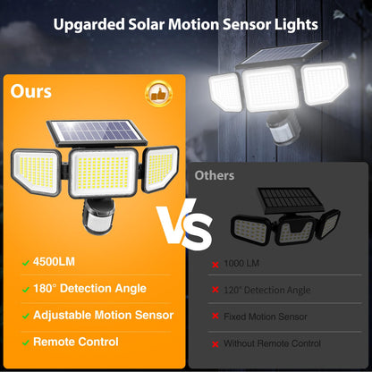 Onforu 4500LM Solar Lights Outdoor, 3 Heads Security Lights with Remote Control, IP65 Waterproof Motion Sensor Lights, 3 Modes Flood Lights for Wall, Porch, Yard, Outside (2, Black)