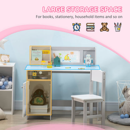 Qaba Kids Desk and Chair Set with Whiteboard, 2 Pieces Kids Study Table and Chair Set, Multi-Usage School Desk Furniture with Storage and Shelves, Computer Homework Art, Grey