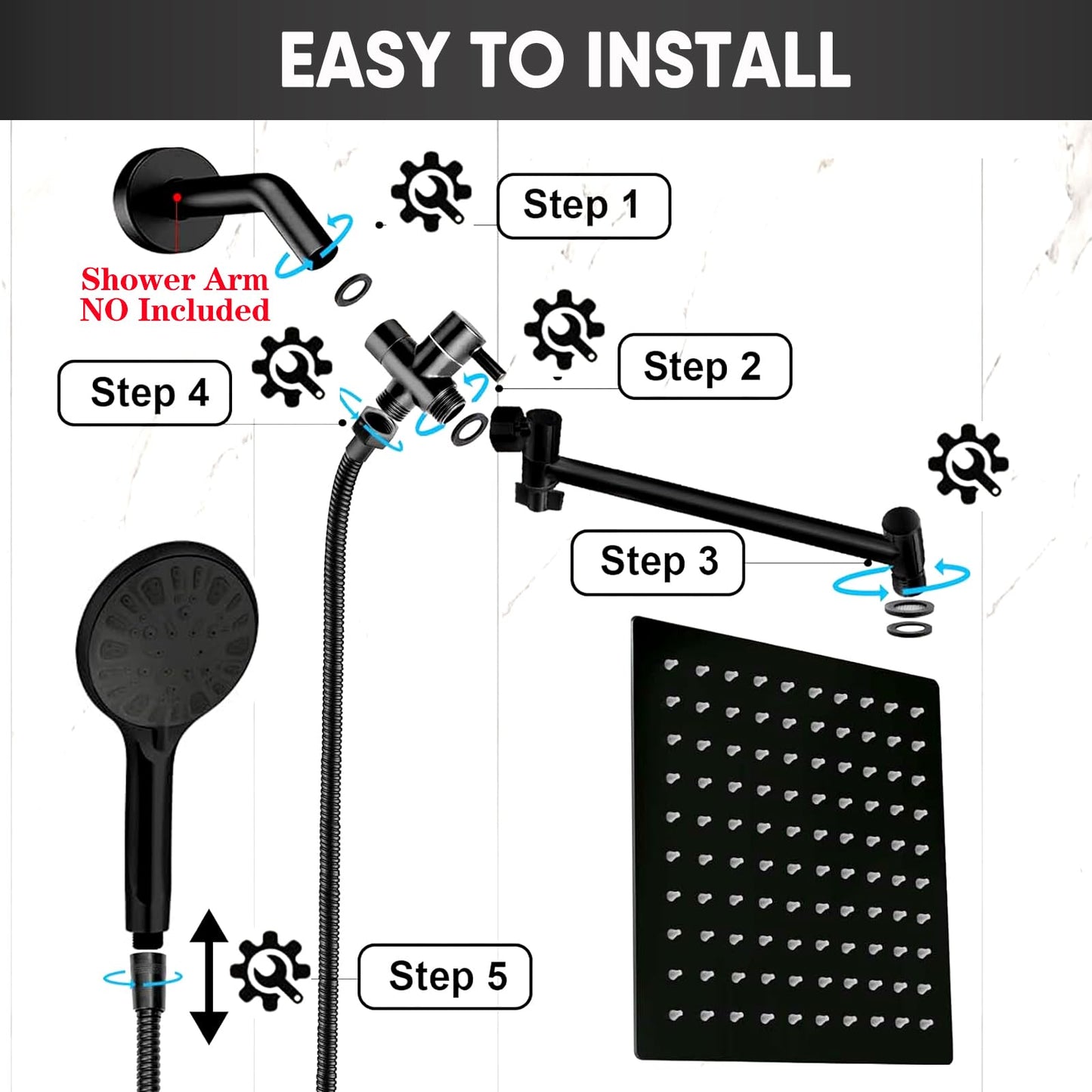 10 Inch GIFTQOOL Matte Black Rainfall Handheld Shower Head Combo Set High Pressure Dual 5 Modes Shower Head with Adjustable Rain Extension Arm, Hose, Holder Pomme De Douche