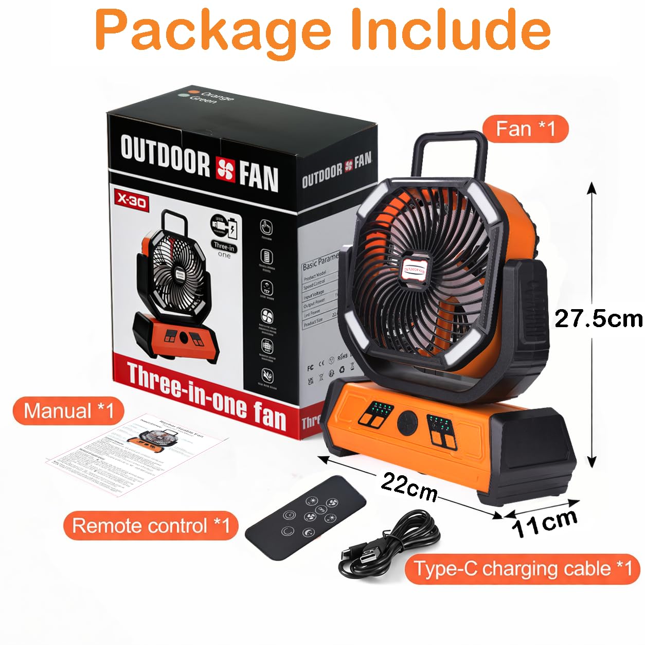 VolyCyrenic Camping Portable Fan, 16000mAh Rechargeable Battery Powered Fans with LED Light for Tent, Auto Oscillation Desk Fans with Remote & Hook & Timer, Orange