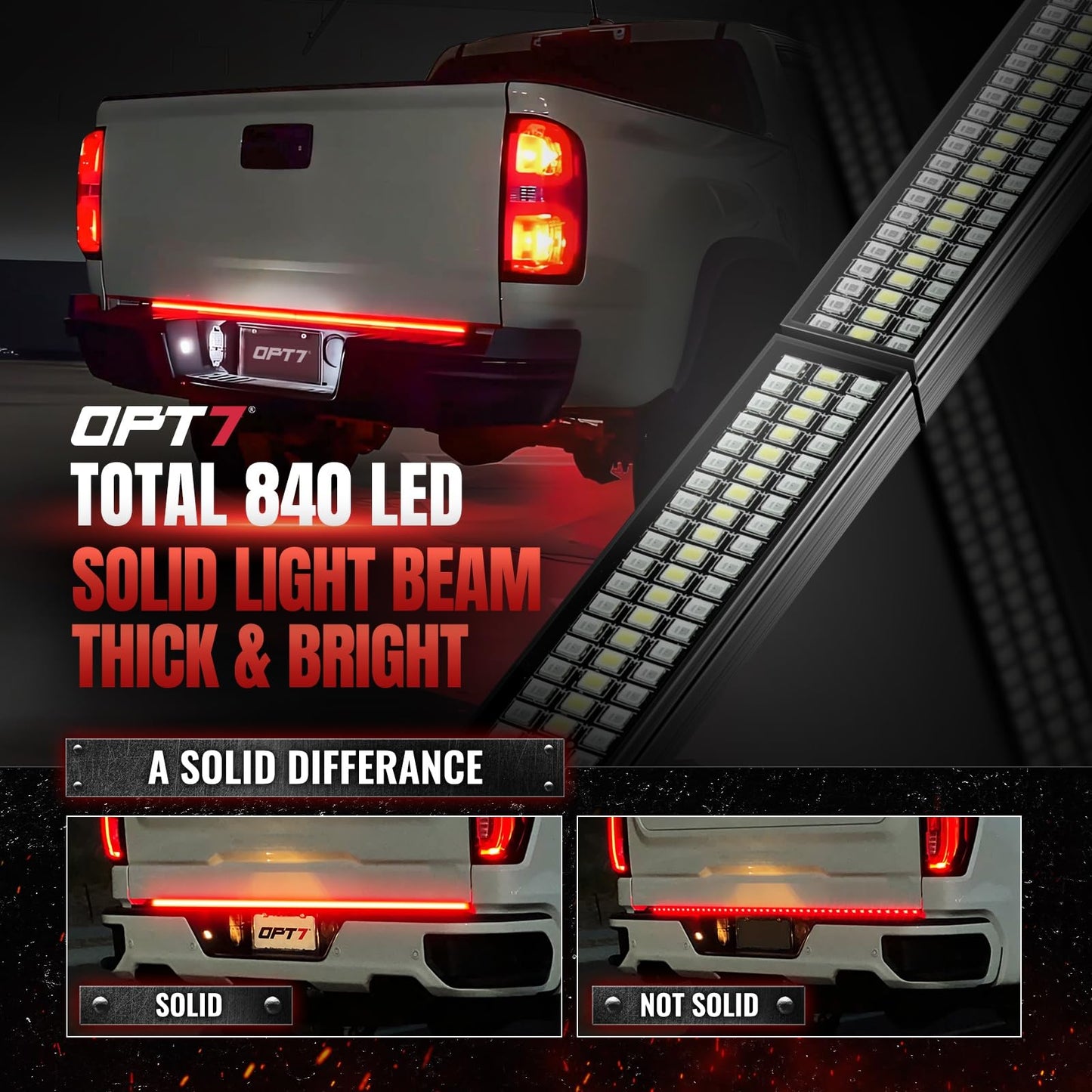 OPT7 48'' Redline Triple Row LED Tailgate Light Bar w/Sequential Red Turn Signal - Weatherproof Rigid Aluminum Frame Light Strip for Maverick Colorado - Full Function Reverse Brake Running