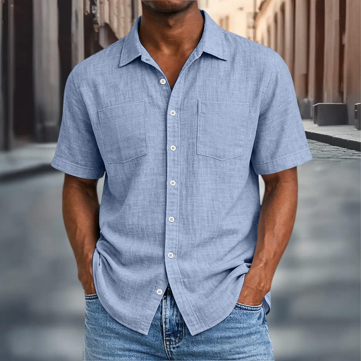 Button up Shirts Men, Mens Cotton Linen Shirts Short Sleeve Button Down Shirt Collared Dressy Casual Work Tops Beach Summer Shirts with Pockets Light Blue
