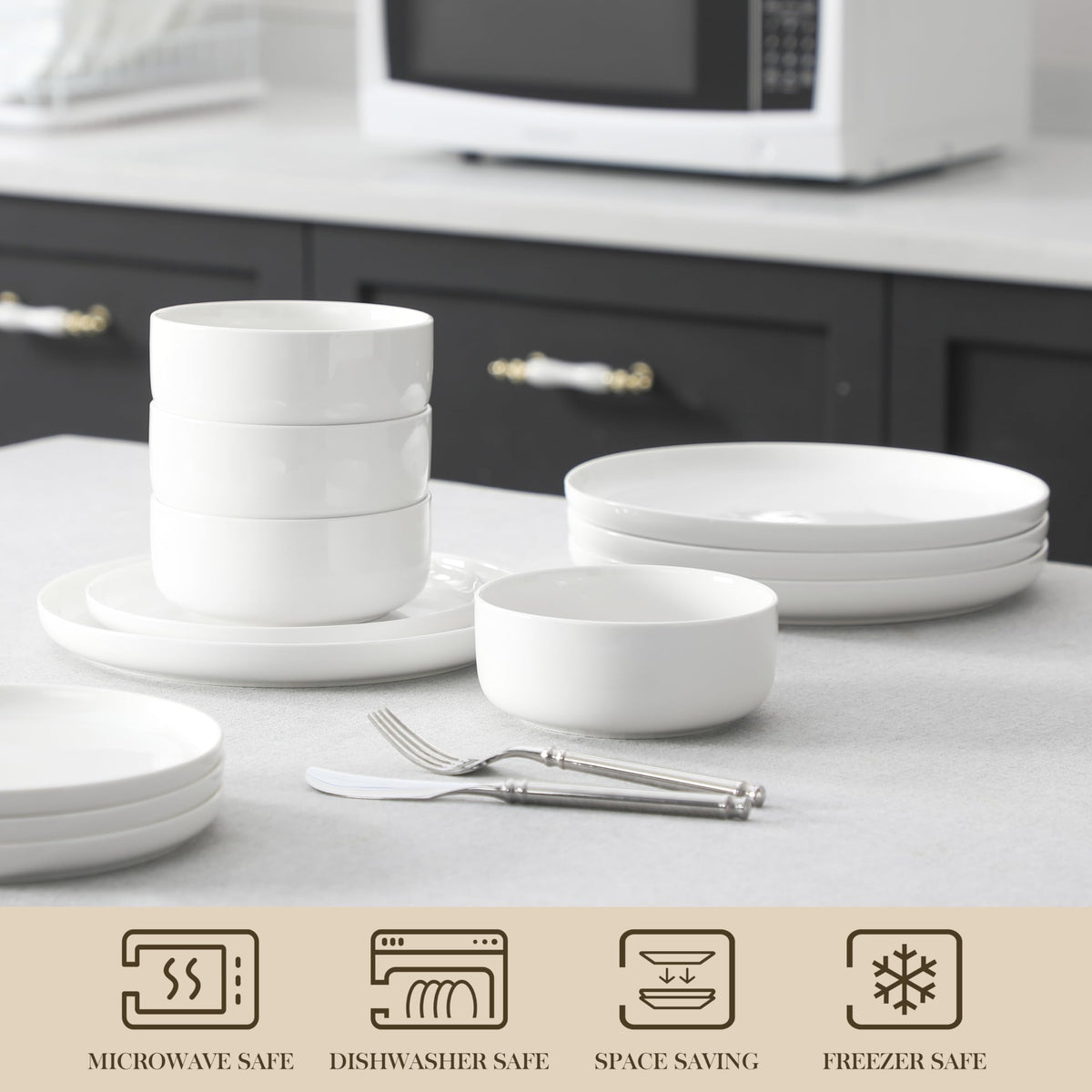 MALACASA Plates and Bowls Sets, 12 Pieces Porcelain Dinnerware Sets Dishware Sets Chip Resistant Ceramic Dish Set Dining Dinner Ware Service for 4, White, Series Luna