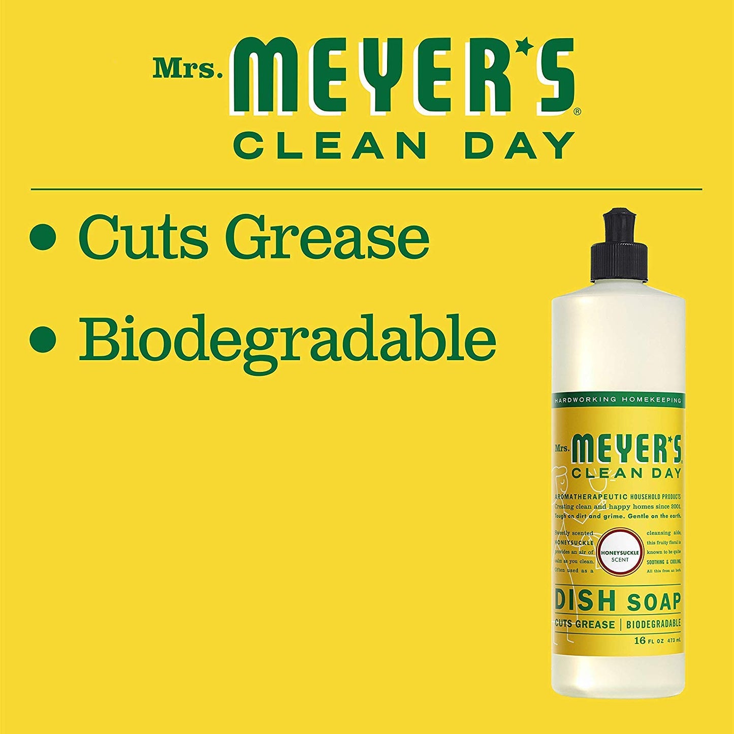 Mrs. Meyer's Clean Day Dish Soap, Cruelty Free and Biodegradable Dishwashing Liquid, Honeysuckle Scent, 474 ml Bottle