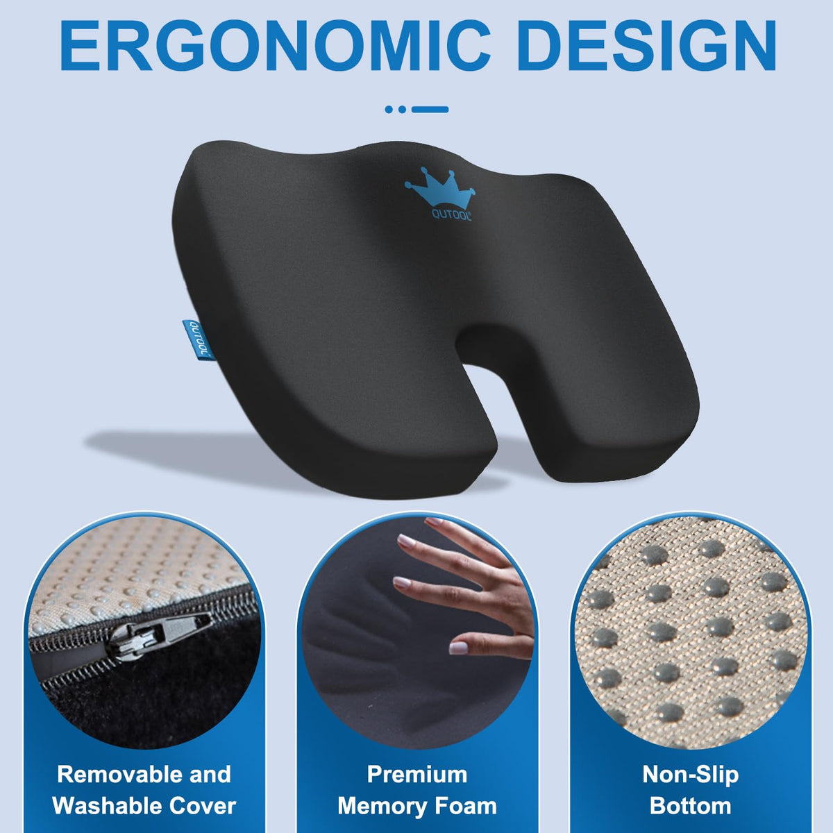 QUTOOL Seat Cushion for Office Chair, High-Density Memory Foam Chair Cushion for Long Hours of Sitting, U-Shaped Seat Pad with Non-Slip Bottom, Removable Cover for Home, Desk & Gaming Chair