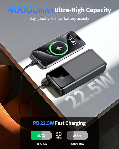 Power Bank Portable Charger 40000mAh, 22.5W Fast Charging, Built-in USB-C & Lightning Cables, Charge 5 Devices Simultaneously LCD Display for iPhone and Android Phones and Most Electronic Devices