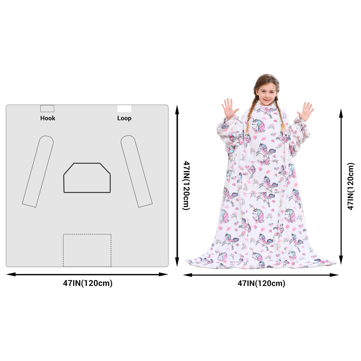 Viviland Wearable Fleece Blanket Hoodie, Blanket Hoodie for Kids with Sleeves & Foot Pocket, 47" X 47" Lightweight Soft Like Flannel, White Unicorn Pattern