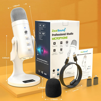 ZealSound Podcast Microphone, Noise Cancellation Mic with Gain, Volume Adjustment & Mute Button, Monitor & Echo, for ASMR, Vocal Recording, YouTube, TikTok, PC, iPhone, iPad, Android, Mac, K66, White