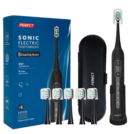 PERECT Sonic Electric Toothbrush for Adults, Rechargeable Electric Toothbrush with 6 Soft Bristle Brush Heads & Travel Case, 5 Modes 3 Intensities, 30 Days Battery, Waterproof Toothbrush（Black）