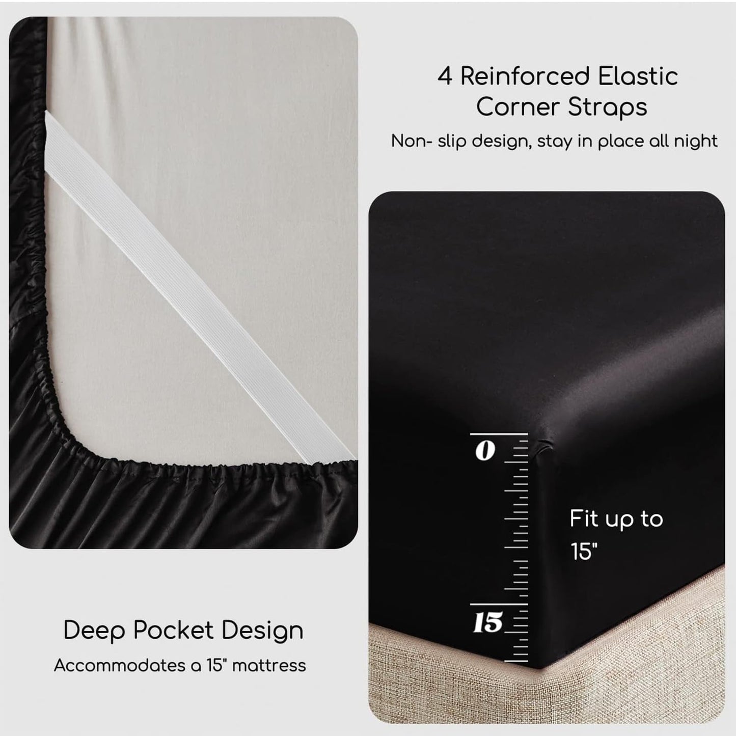 MR&HM Satin Bed Sheets, Queen Size Sheets Set, 4 Pcs Silky Bedding Set with 15 Inches Deep Pocket for Mattress (Queen, Black)