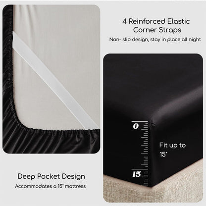 MR&HM Satin Bed Sheets, Queen Size Sheets Set, 4 Pcs Silky Bedding Set with 15 Inches Deep Pocket for Mattress (Queen, Black)