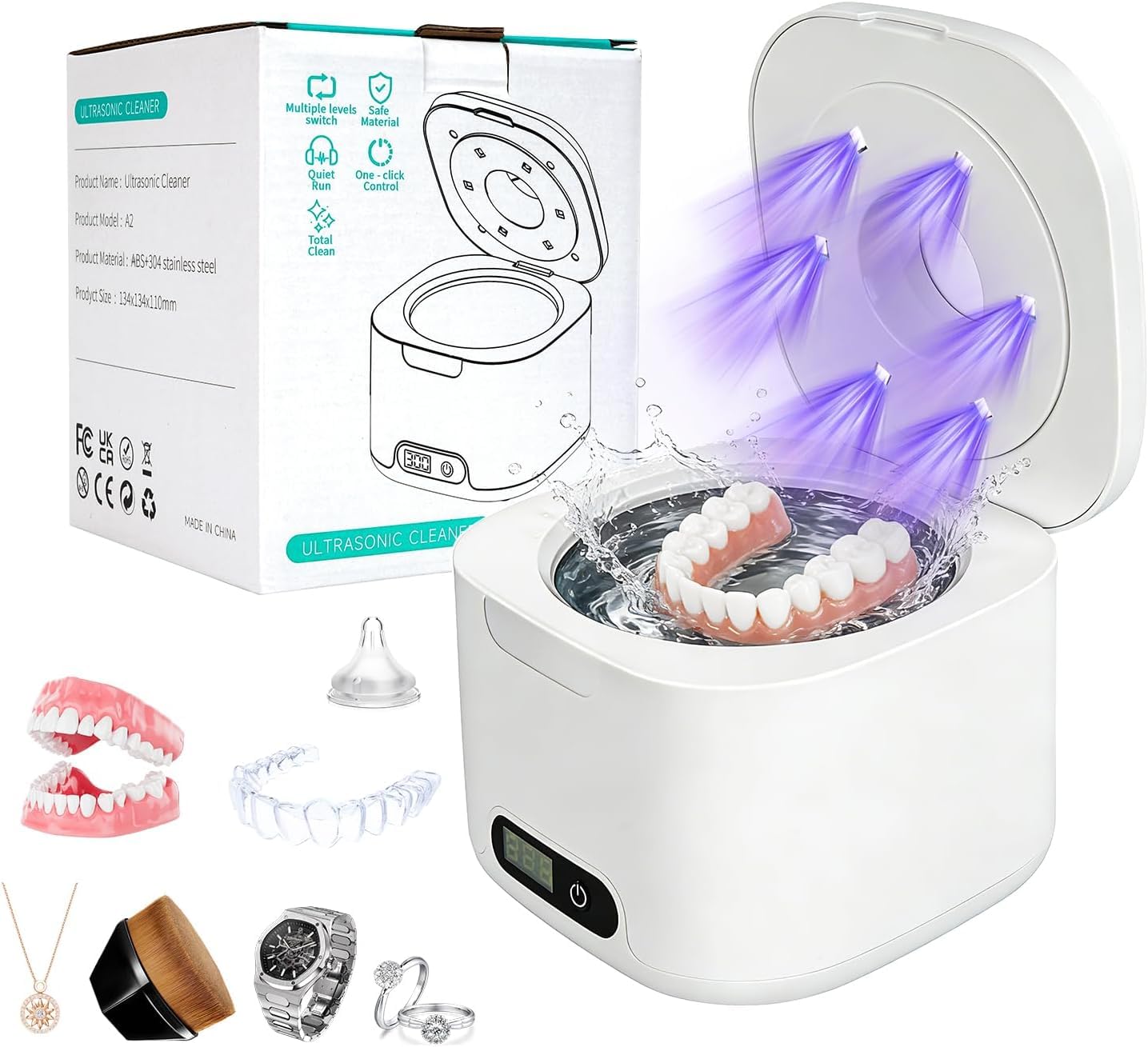DKOXT Ultrasonic Retainer Cleaner Machine, Upgraded 49kHz Ultrasonic Cleaner for Denture, Night Guards, Mouth Guard Braces, Jewelry, Necklaces, Watch Strap, Digital Timer Dental Cleaning Pod, 304 Stainless Steel Tank (White)
