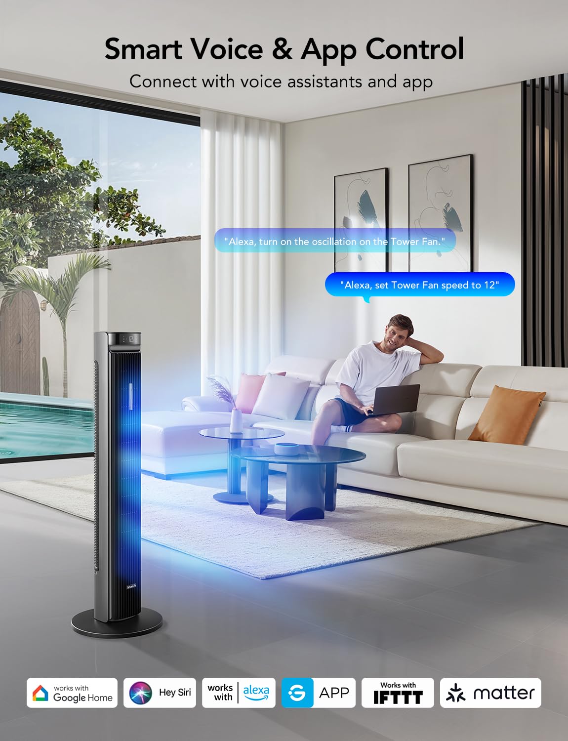 GoveeLife 42'' Tower Fan for Bedroom, Smart Floor Fans with 150° Adjustable Oscillating, APP & Voice Control, 5 Modes 12 Speeds up to 26ft/s, 24H Timer, 27dB Quiet Fan for Cooling Home Office Silver