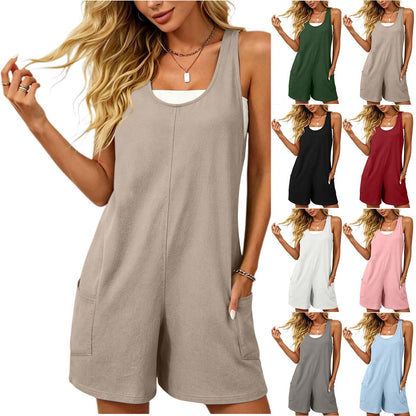 Generic Womens Rompers for Summer Linen Jumpsuits Sleeveless Loose Fit Shorts Overalls with Pockets Beach Vacation Clothes