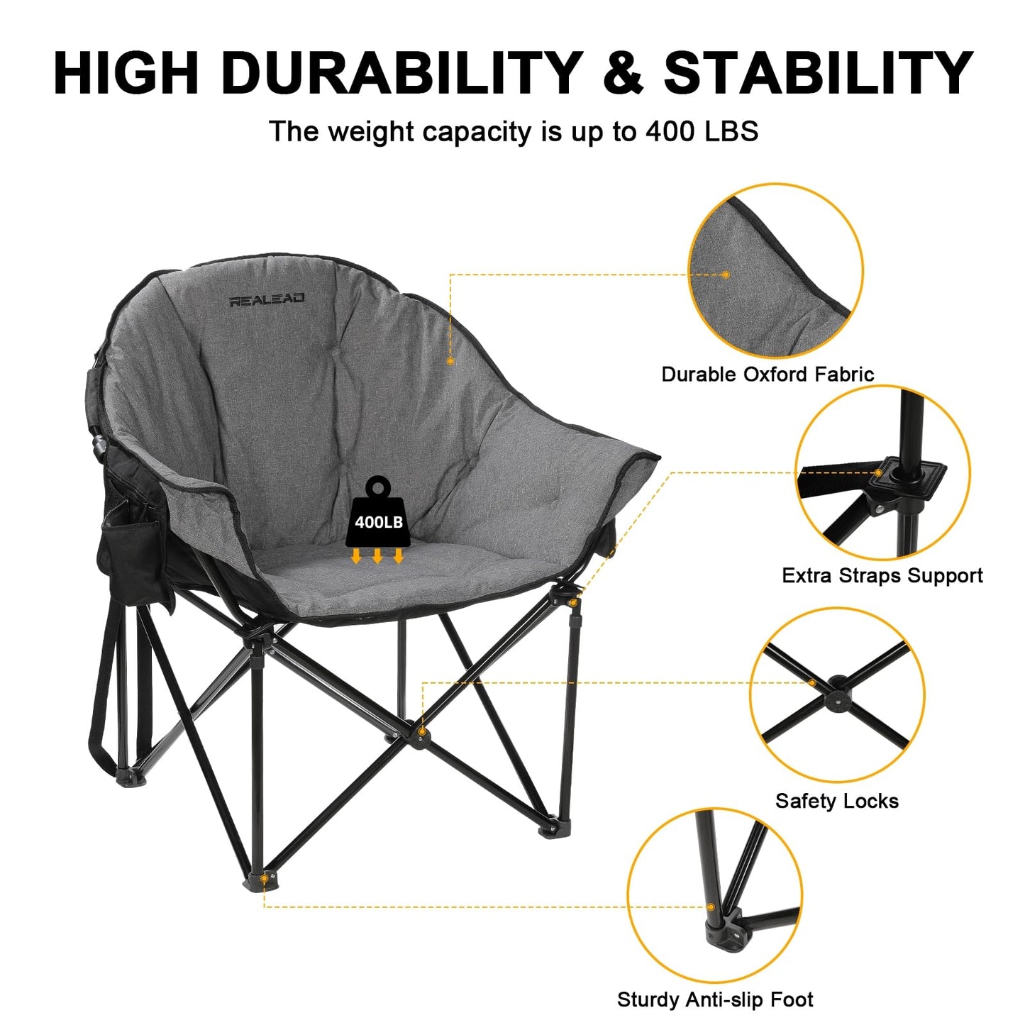 REALEAD Camping Chairs for Adults - Comfy Camping Chair with Fully Padded - Oversized Camp Chairs for Outside Support 400lbs - Folding Lawn Chairs for Outdoor Sporting Events