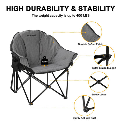 REALEAD Camping Chairs for Adults - Comfy Camping Chair with Fully Padded - Oversized Camp Chairs for Outside Support 400lbs - Folding Lawn Chairs for Outdoor Sporting Events