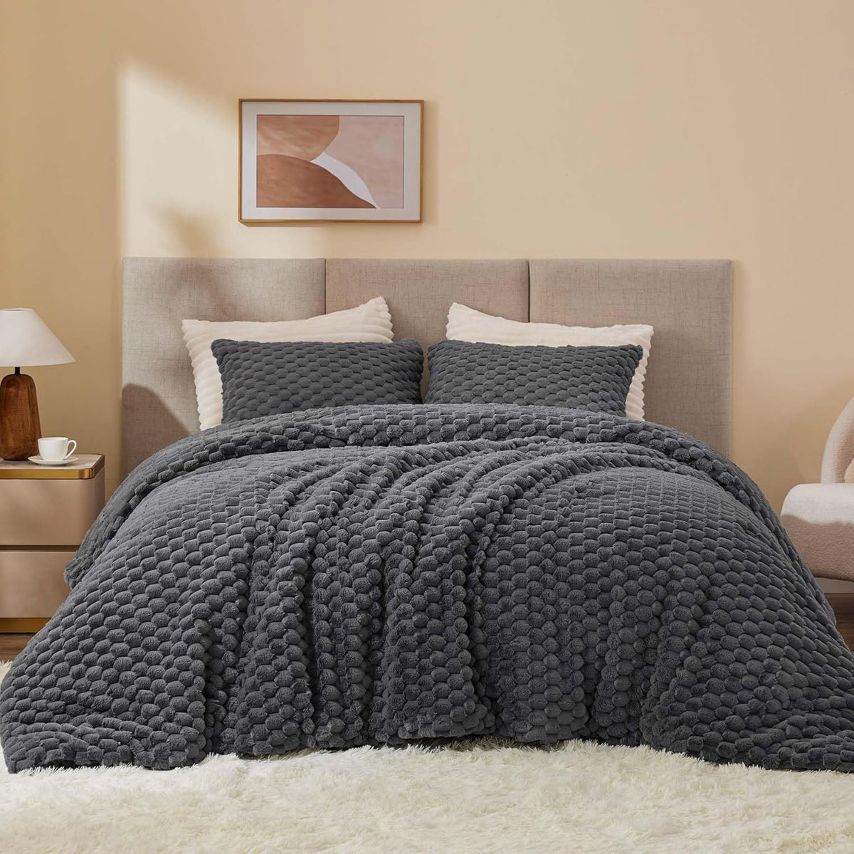 BEDELITE Fluffy Queen Comforter Set, Grey Fleece Bed Set 3 Pieces