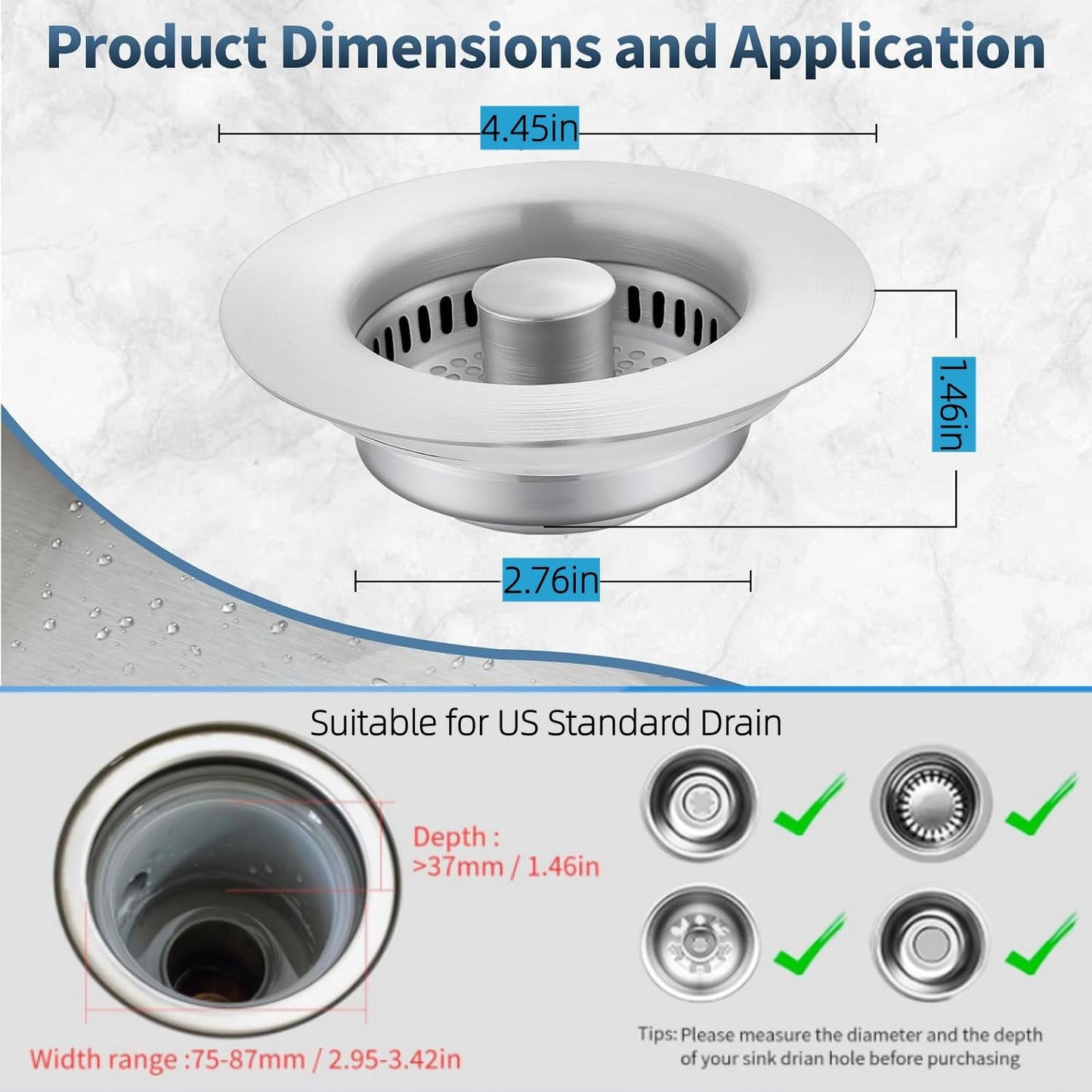 3-in-1 Stainless Steel Kitchen Sink Strainer Stopper – Upgraded Drain Filter Plug with Anti-Clog Food Basket & Quick Drain Odor Blocker for Standard 3.5 Inch Sinks, Silver
