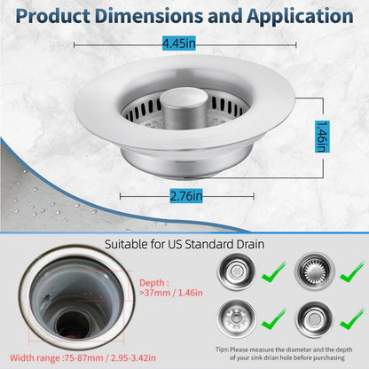 3-in-1 Stainless Steel Kitchen Sink Strainer Stopper – Upgraded Drain Filter Plug with Anti-Clog Food Basket & Quick Drain Odor Blocker for Standard 3.5 Inch Sinks, Silver