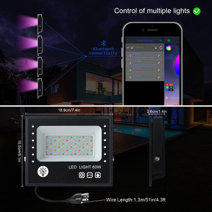 Led Flood Light Outdoor 600W Equivalent 6000LM, RGB Color Changing Floodlight with APP Control, Bluetooth RGB Smart Floodlights 16 Million Colors & 2700K, DIY Scenes-Timing-Music Sync, IP66,US 3-Plug