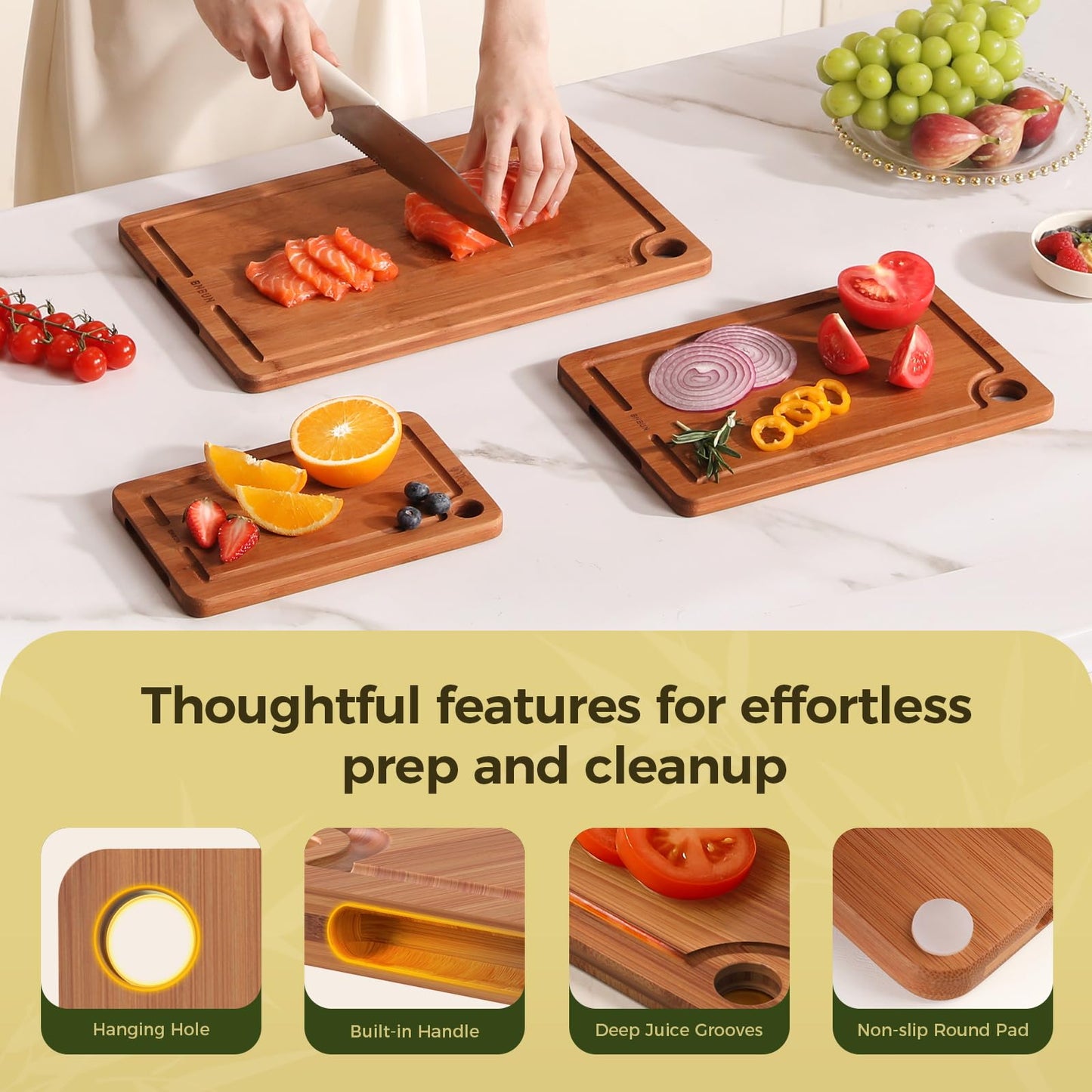 BNBUN Bamboo Cutting Board for Kitchen, Wooden Cutting Board 3-Piece Set with Non-Slip Mat Deep Juice Groove and Built-in Handles, Wood Cutting Board for Meat Vegetables Fruit Ideal Gift for the Home