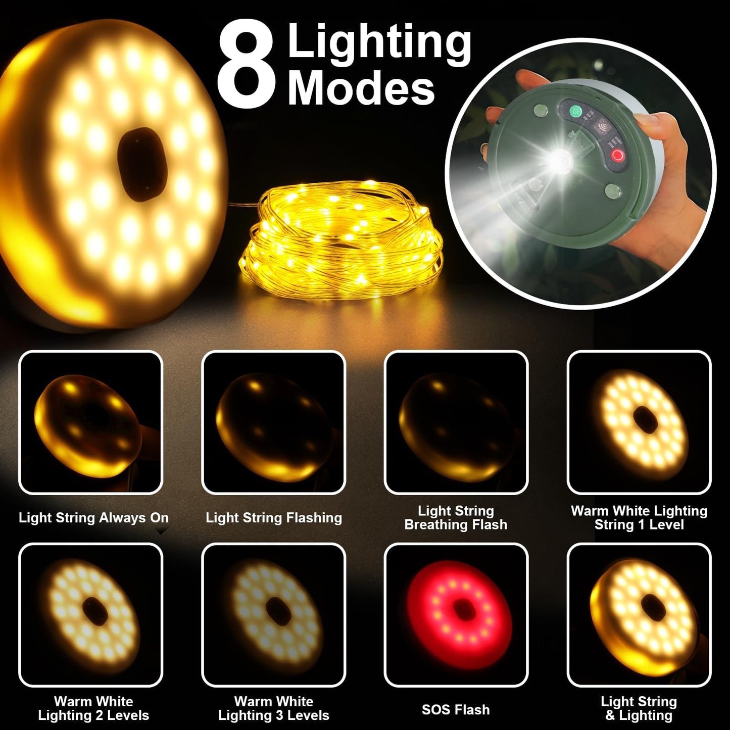 HELESIN 6 in 1 Camping String Lights Outdoor, Waterproof Retractable Portable Stowable String Light with 8 Lighting Modes, USB Rechargeable Tent Lights for Camping, Hiking, Yard, RV (Warm Light)