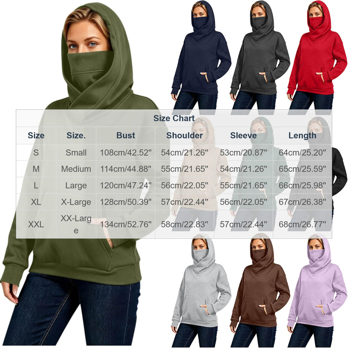 Plus Size Hoodie Hoodies for Women Oversized Balaclava Hoodie Mask Pullover Tops with Kangaroo Pocket Windproof Face Cover Sweatshirt Gray S