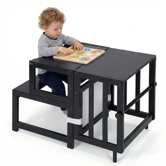COSYLAND Kitchen Step Stool for Toddlers, Multifunctional Toddler Standing Tower with Safety Rail and Whiteboard, Convertible into Desk Table and Chair, Wooden Toddler Kitchen Stool Helper (Black)