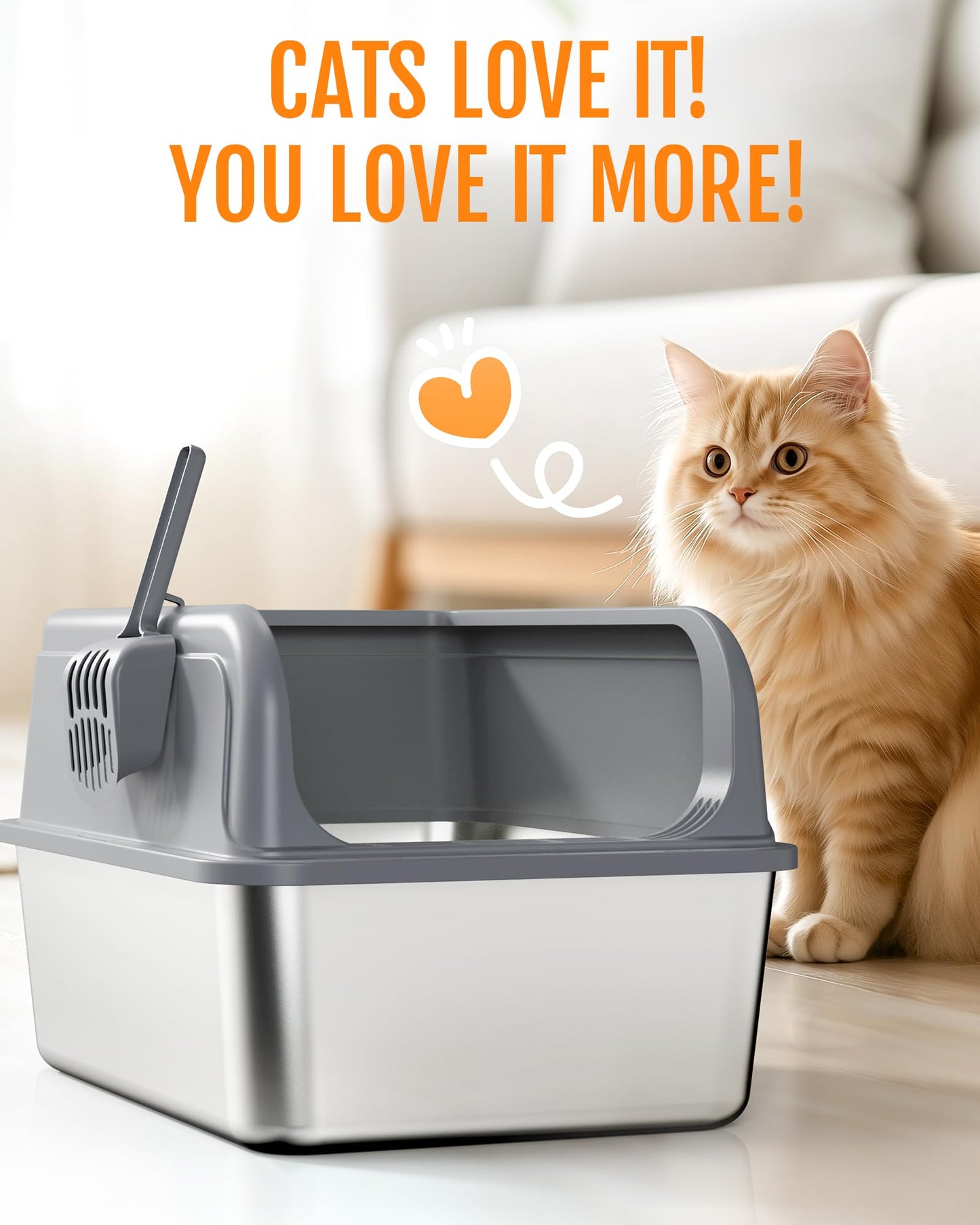Powools Stainless Steel Cat Litter Box for Kittens, Metal Kitty Litter Box with Scoop, Anti-Leakage Top Entry, Non-Sticky, Easy to Clean, Grey, M (1 Pack)