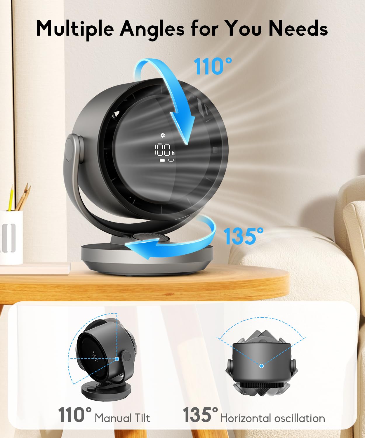 let'me Desk Fan, 100-Speed Table Fan with Digital Display, USB Rechargeable Portable Fan with Warm Night Light, 135°Auto Oscillating Fan and 12H Timer, Small Quiet Desk Fan for Bedroom, Home, Office