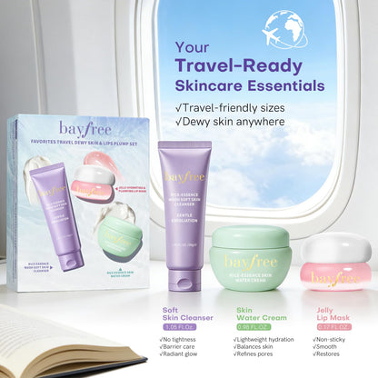 bayfree Favorites Travel Dewy Skin & Lips Plump Set, Hydrating Korean Skin Care Set with Rice-Essence Wash, Water Cream & Lip Mask, Gentle Skincare Gift Set for Girls Women, for Soft, Glowing Skin