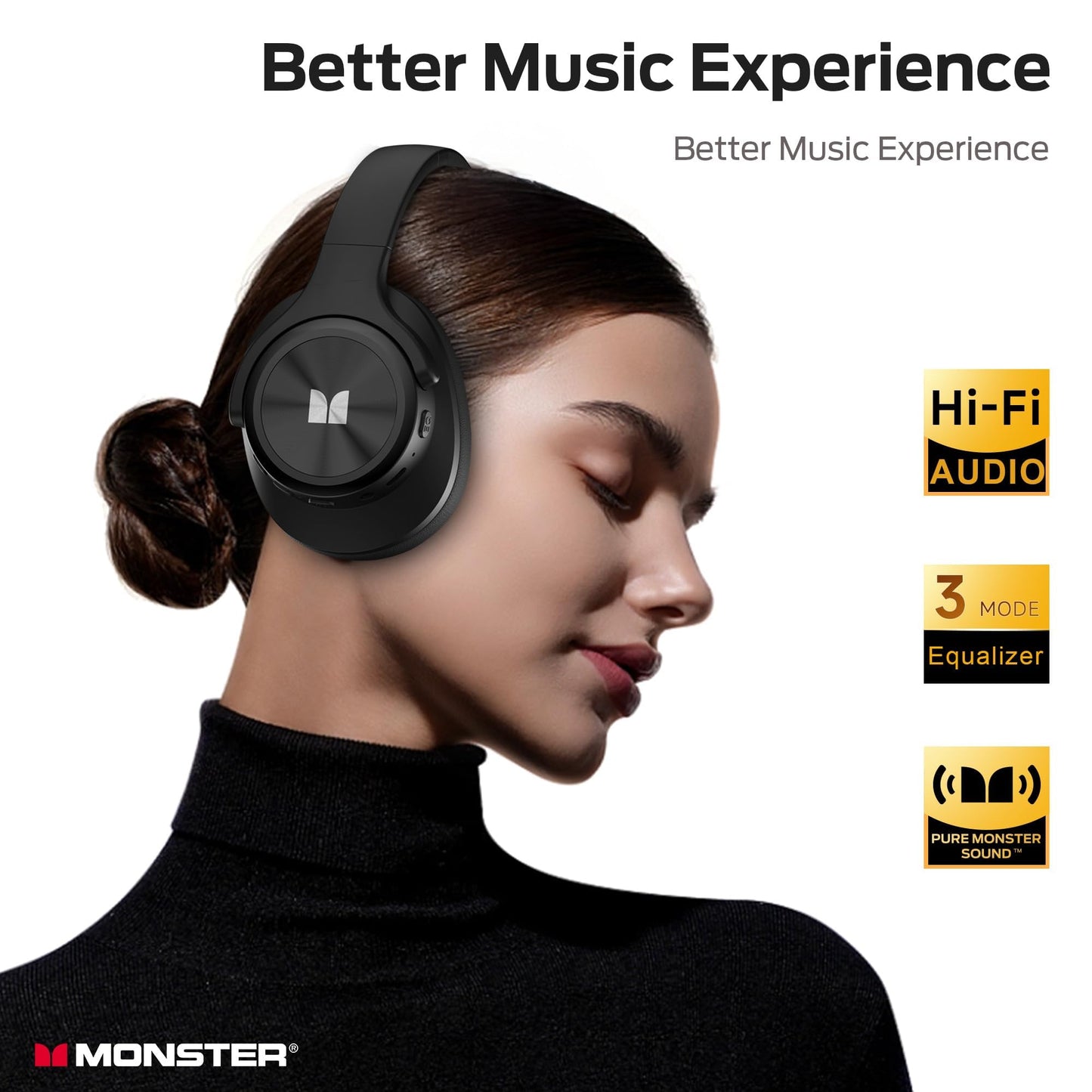Monster Mission 200 Wireless Headphones Bluetooth 5.4-3 EQ Modes, 60H Playtime, HiFi Stereo Low Latency, Deep Bass, Foldable Lightweight for PC/Mac/Cellphone (Black)