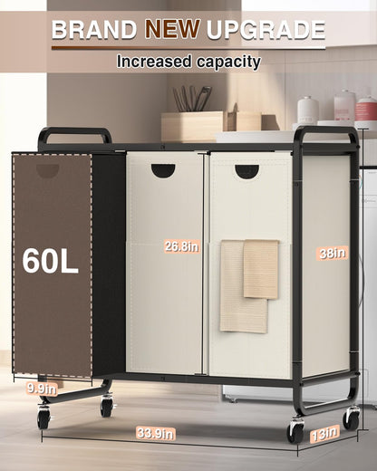 Laundry Basket with Wheels, Laundry Organizer with Large Wooden Desktop Sorter, Laundry Sorter with 3×15.8 Gal (60L) 900D Oxford Fabric Laundry Bags, Laundry Hamper 3 Section (Black-Gray-White-New)
