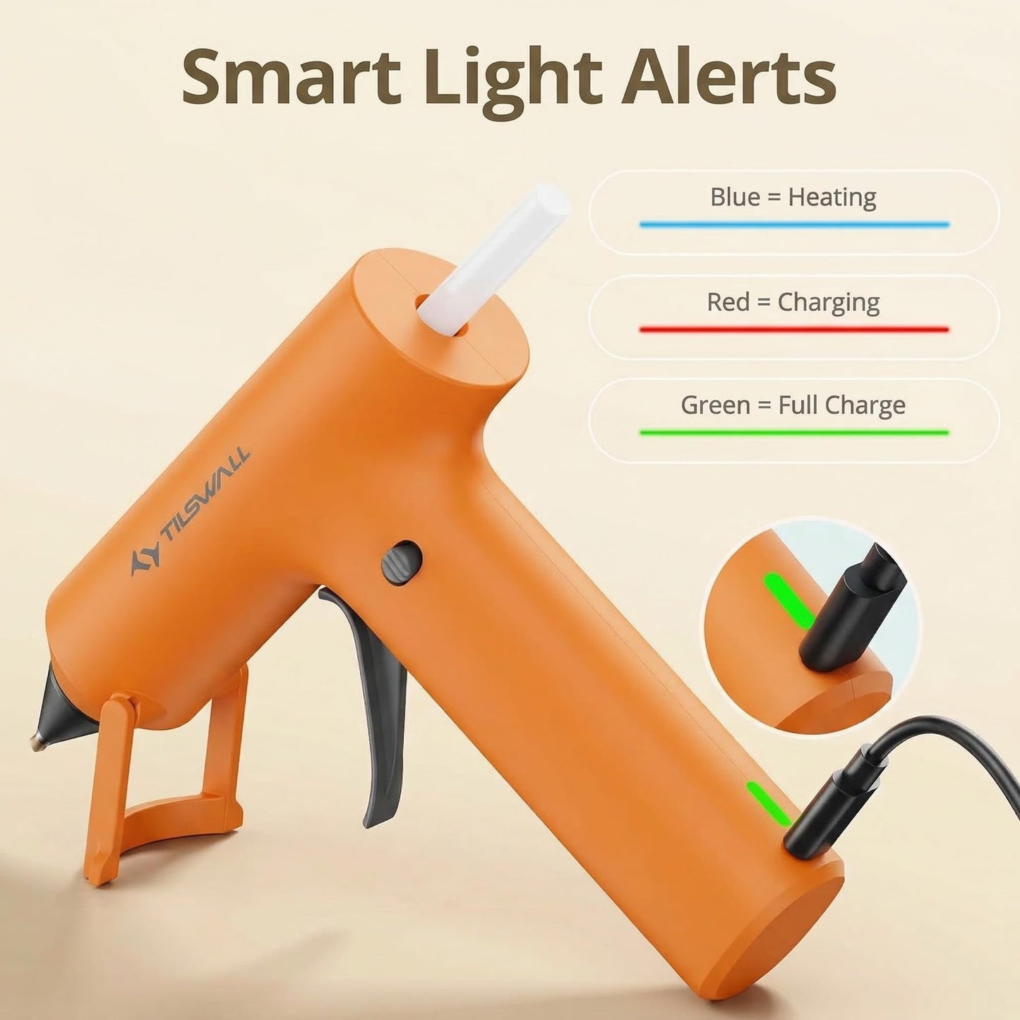 Tilswall Cordless Hot Glue Gun, Fast Preheating with 2000mAh Built-in Battery Hot Melt Glue Gun, 20 Premium Glue Sticks, Mini Glue Gun Ideal for Crafts, DIY Gift, Repairs Dark DarkOrange