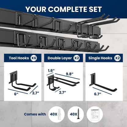 SUKIZZ Garage Storage, Garage Organization, Garage Tool Organizer Wall Mount, Garden Tool Organization and Storage 64 Inches, Max 630lbs Adjustable Metal Hooks, Hangers Garden Yard Tool Rack,