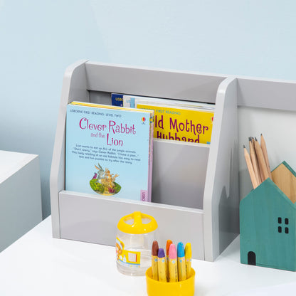 Qaba Kids Desk and Chair Set with Whiteboard, 2 Pieces Kids Study Table and Chair Set, Multi-Usage School Desk Furniture with Storage and Shelves, Computer Homework Art, Grey