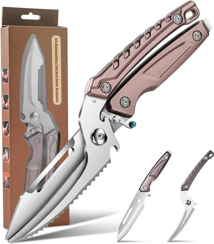 BEFYUS Kitchen Scissors Heavy Duty - Premium Kitchen Shears with Ultra Sharp Stainless Steel Multi-Function Food Scissors，Poultry Shears Scissor Tools for Cutting Chicken/Meat/Fish/Bone (Brown)