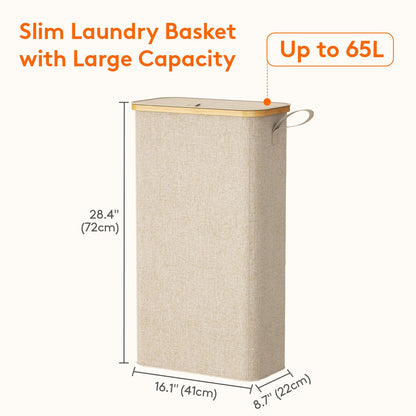 Lifewit 65L Slim Laundry Basket, Laundry Hamper with Lid, Narrow Laundry Bin with Removable Bag & Bamboo Handles, Foldable Thin Dirty Clothes Hamper for Laundry Centres Bathroom Bedroom Dorm, Beige