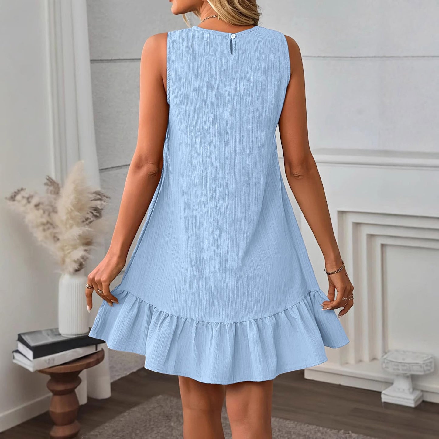 Women Summer Tank Dress Loose Fit Mini Sun Dresses Comfy Casual Shift Dress Trendy Ruffle Hem Sundress Resort Wear Light Blue