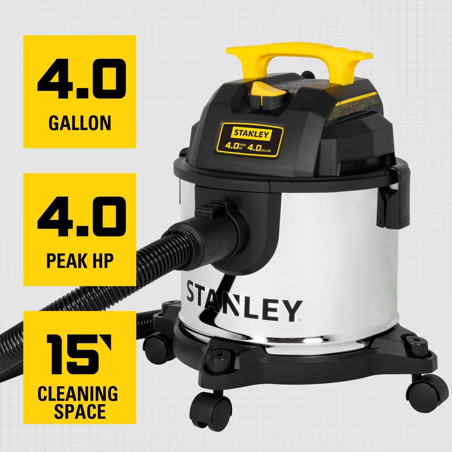 Stanley 4 Gallon Wet Dry Vacuum, 4 Peak HP Stainless Steel 3 in 1 Shop Vacuum Blower with Powerful Suction, for Job Site, Garage, Basement, Model: SL18301-4B