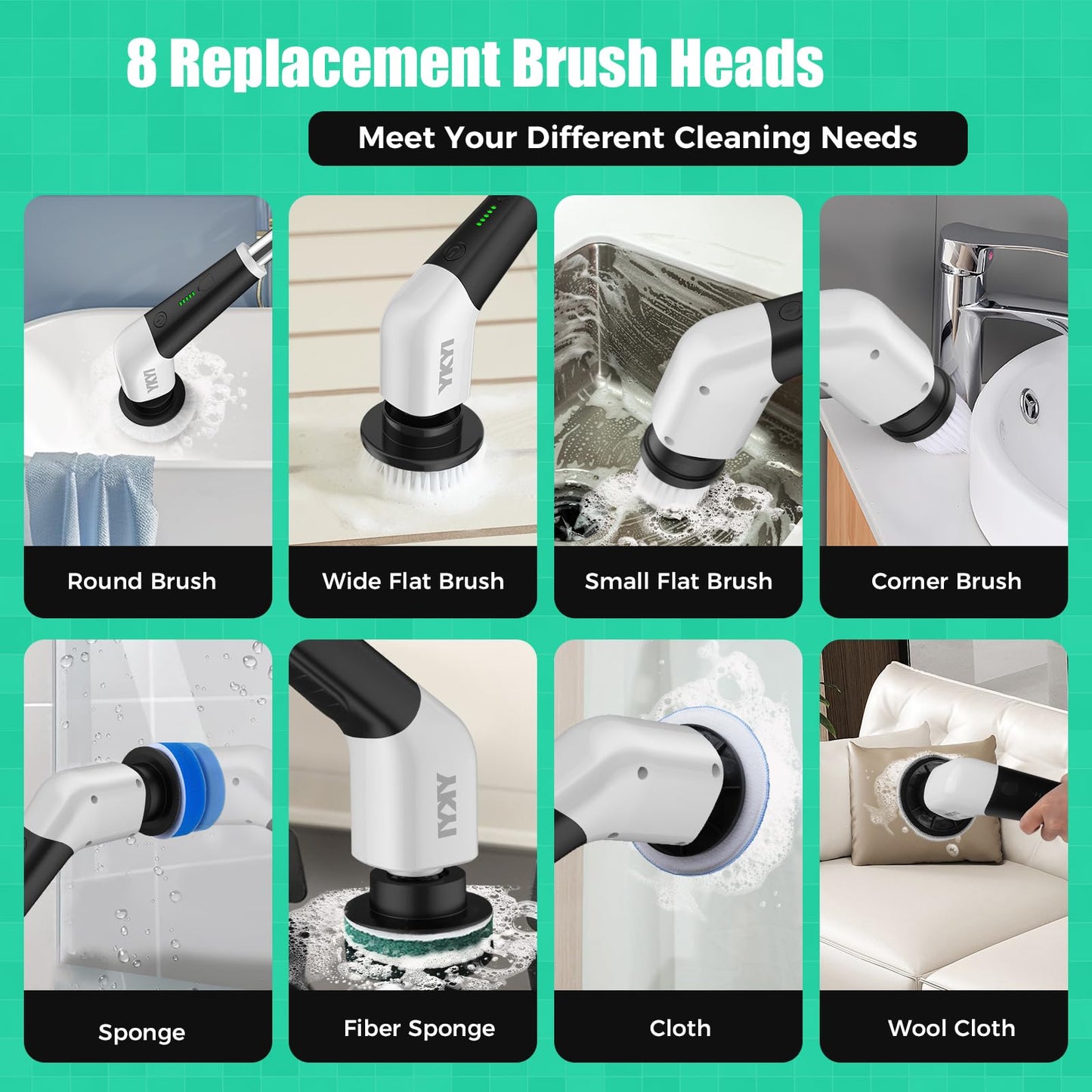 YKYI Electric Spin Scrubber, Cordless Cleaning Brush with 8 Replaceable Brush Heads, Power Scrubber with Adjustable Extension Handle for Bathroom, Tub, Tile, Floor and Kitchen Cleaning (White)
