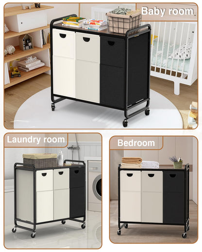 Laundry Basket with Wheels, Laundry Organizer with Large Wooden Desktop Sorter, Laundry Sorter with 3×15.8 Gal (60L) 900D Oxford Fabric Laundry Bags, Laundry Hamper 3 Section (Black-Gray-White-New)