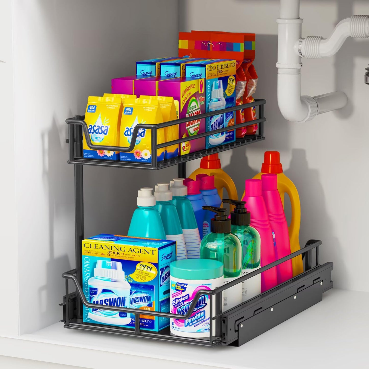 Under Sink Organizer 1-Pack, 27kg Load Smooth Glide Pull Out Drawer & 2-Tier Slide Out Shelf - Under Cabinet Storage for Kitchen & Bathroom, Rust-Resistant Steel, Fits Height≥48cm Depth≥46cm