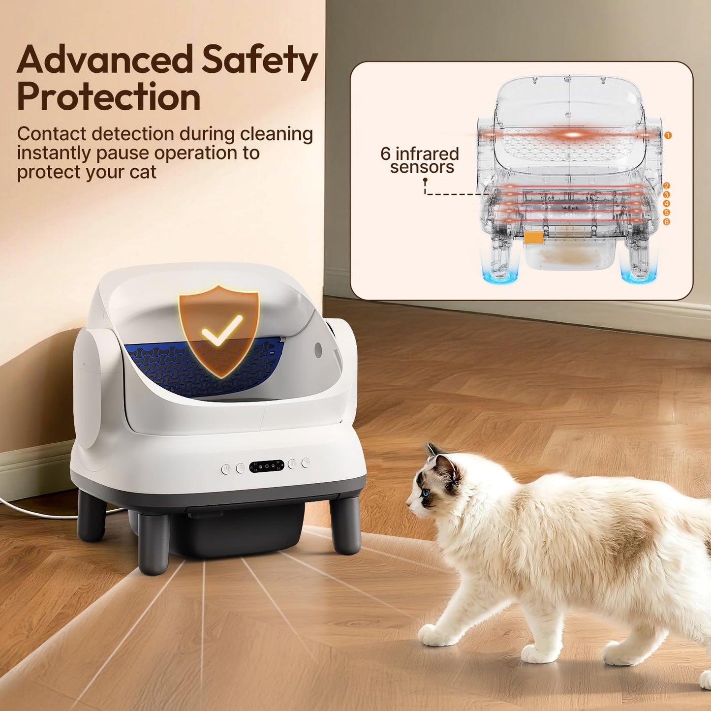 Happypaw Open-Top Self Cleaning Litter Box - Large Capacity Automatic Litter Box for Multiple Cats with Safety Protection, App Control, Odor-Free, Anti-Leakage Material, Includes Trash Bags